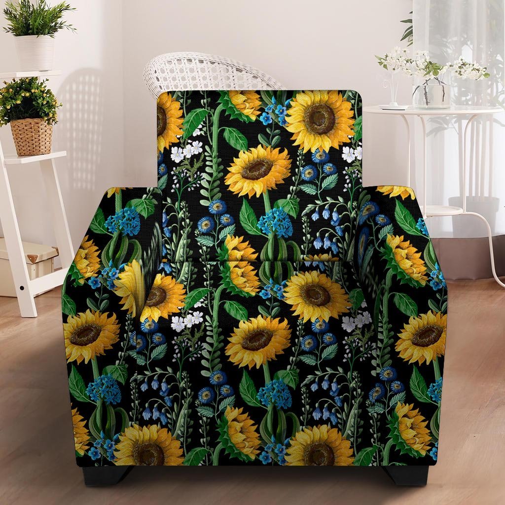 Black Sunflower Floral Armchair Cover-grizzshop