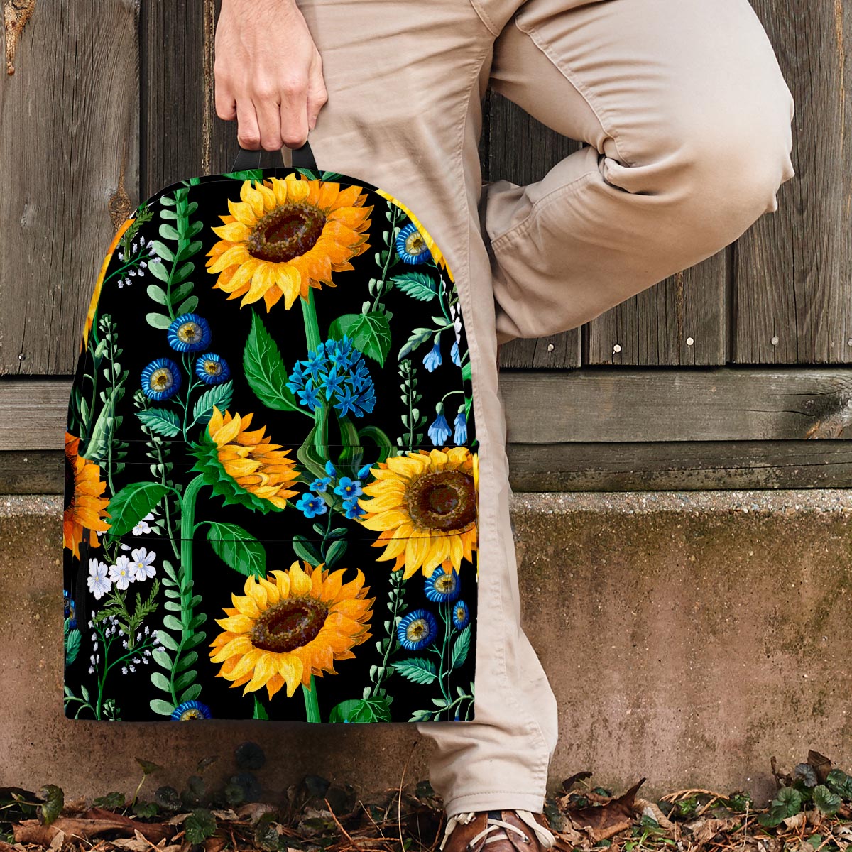 Black Sunflower Floral Backpack-grizzshop