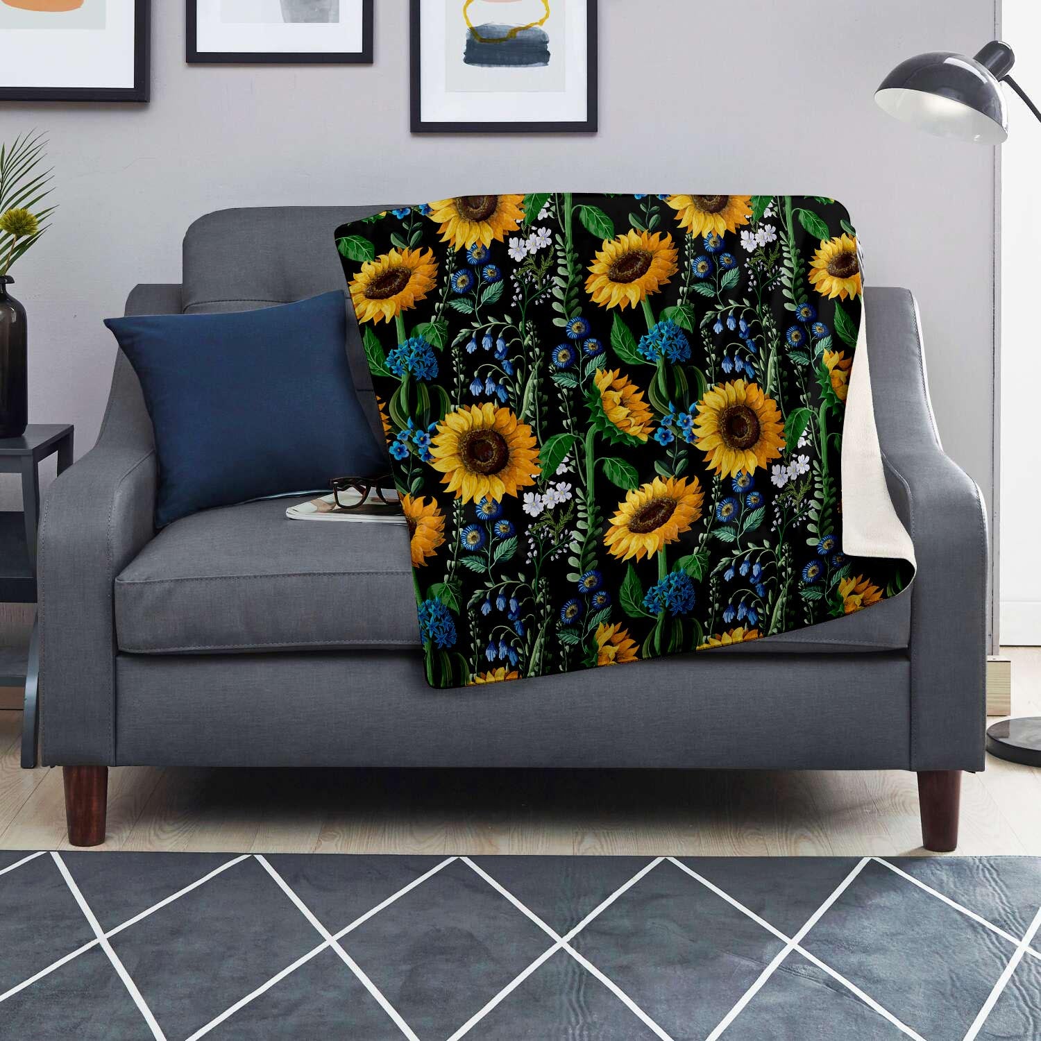 Black Sunflower Floral Blanket-grizzshop