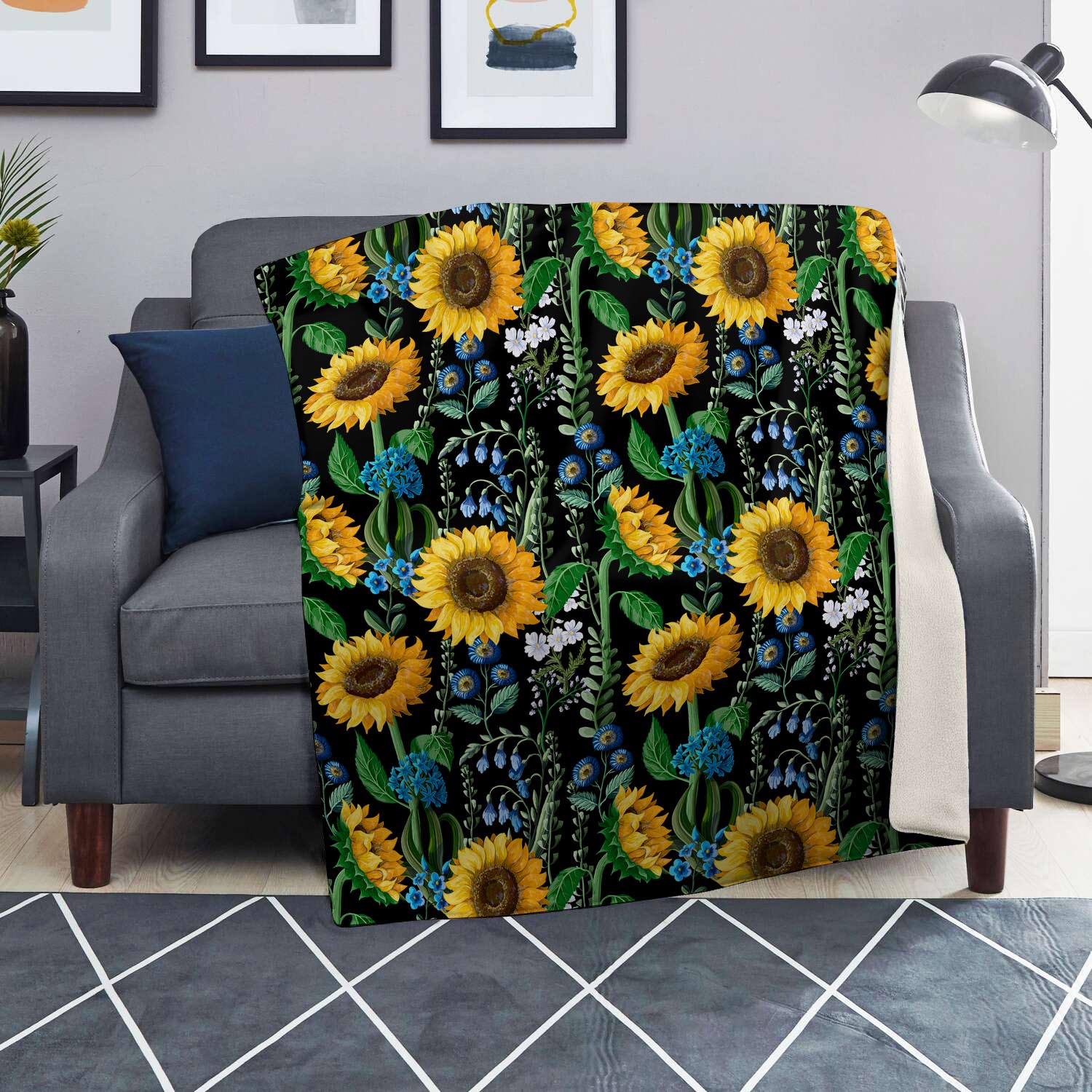 Black Sunflower Floral Blanket-grizzshop