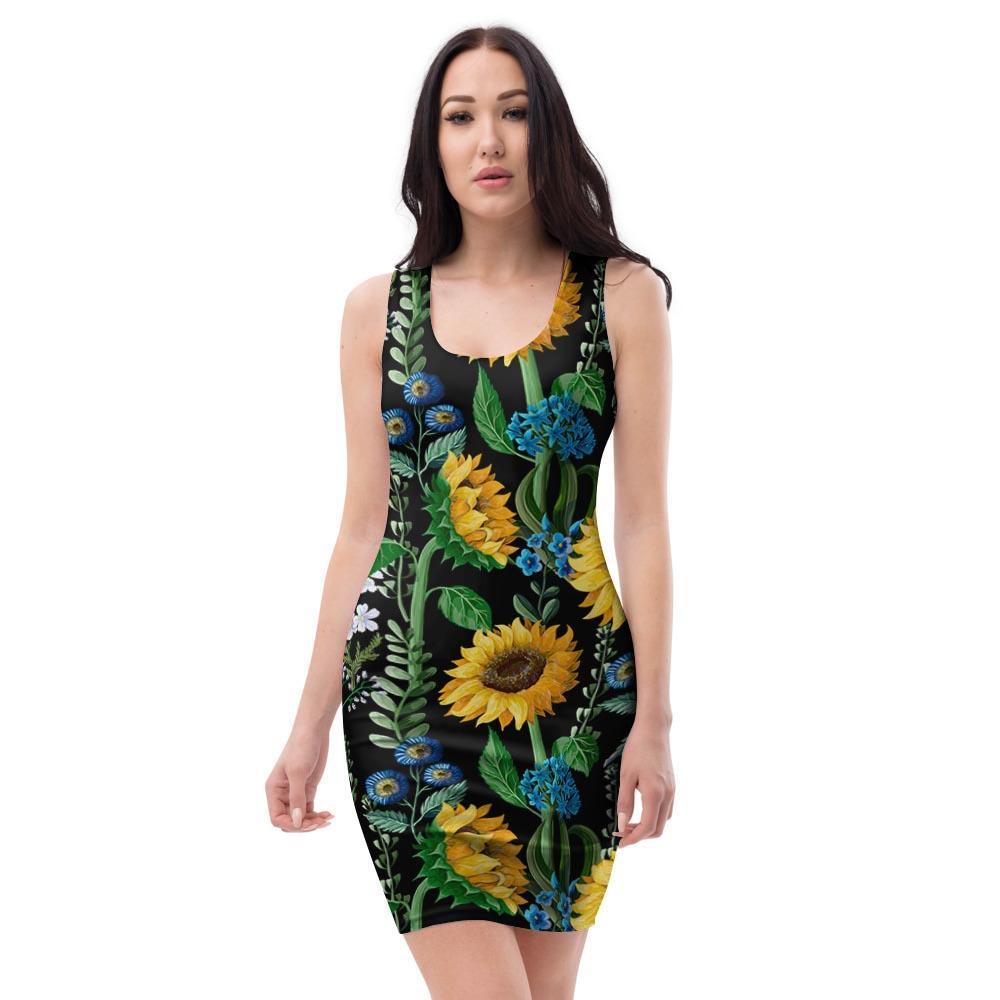 Black Sunflower Floral Bodycon Dress-grizzshop