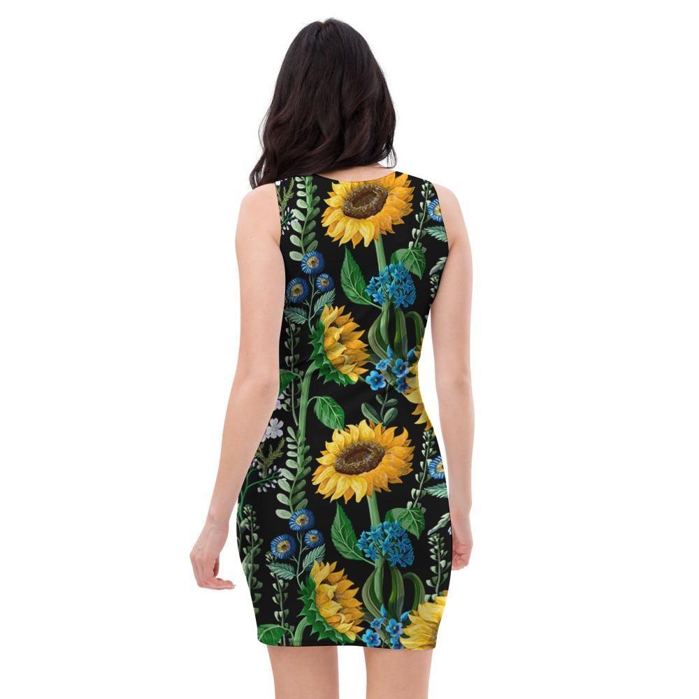 Black Sunflower Floral Bodycon Dress-grizzshop