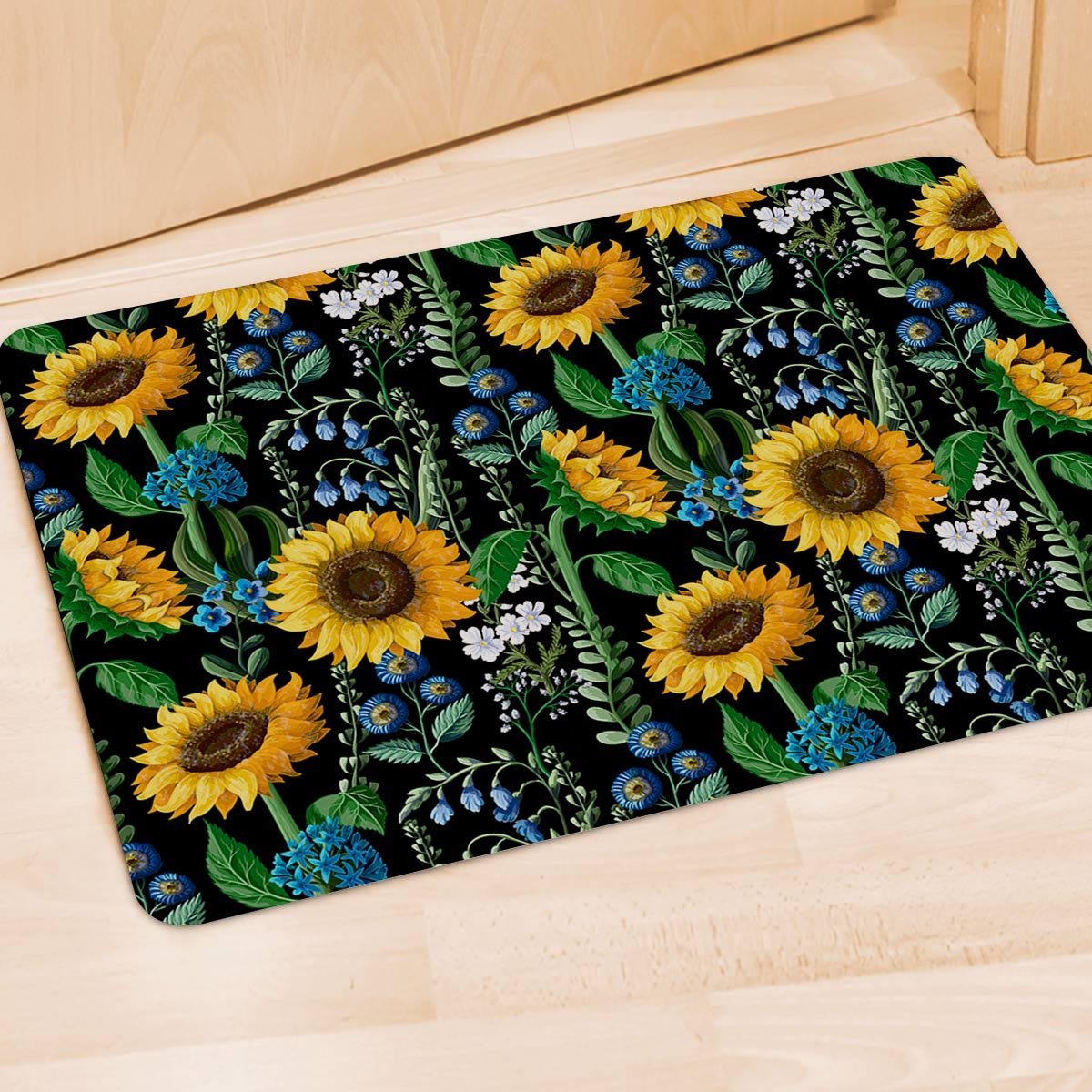 Black Sunflower Floral Door Mat-grizzshop