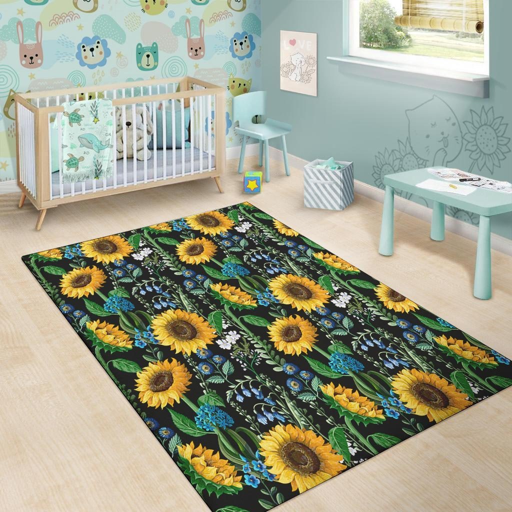 Black Sunflower Floral Floor Mat-grizzshop