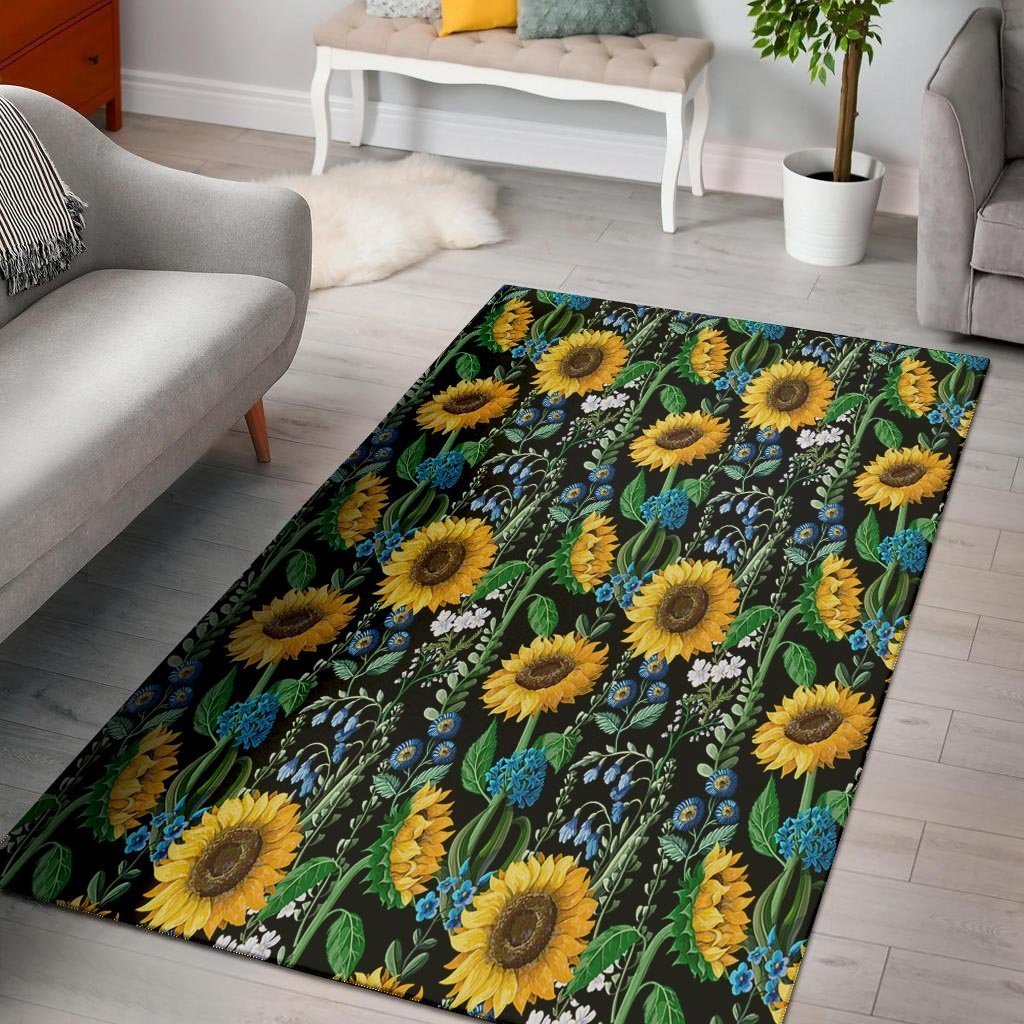 Black Sunflower Floral Floor Mat-grizzshop