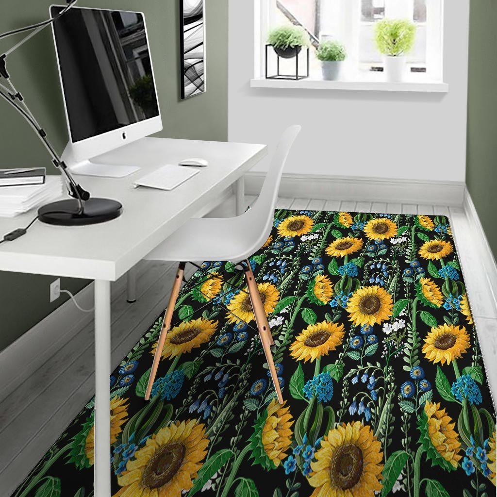 Black Sunflower Floral Floor Mat-grizzshop