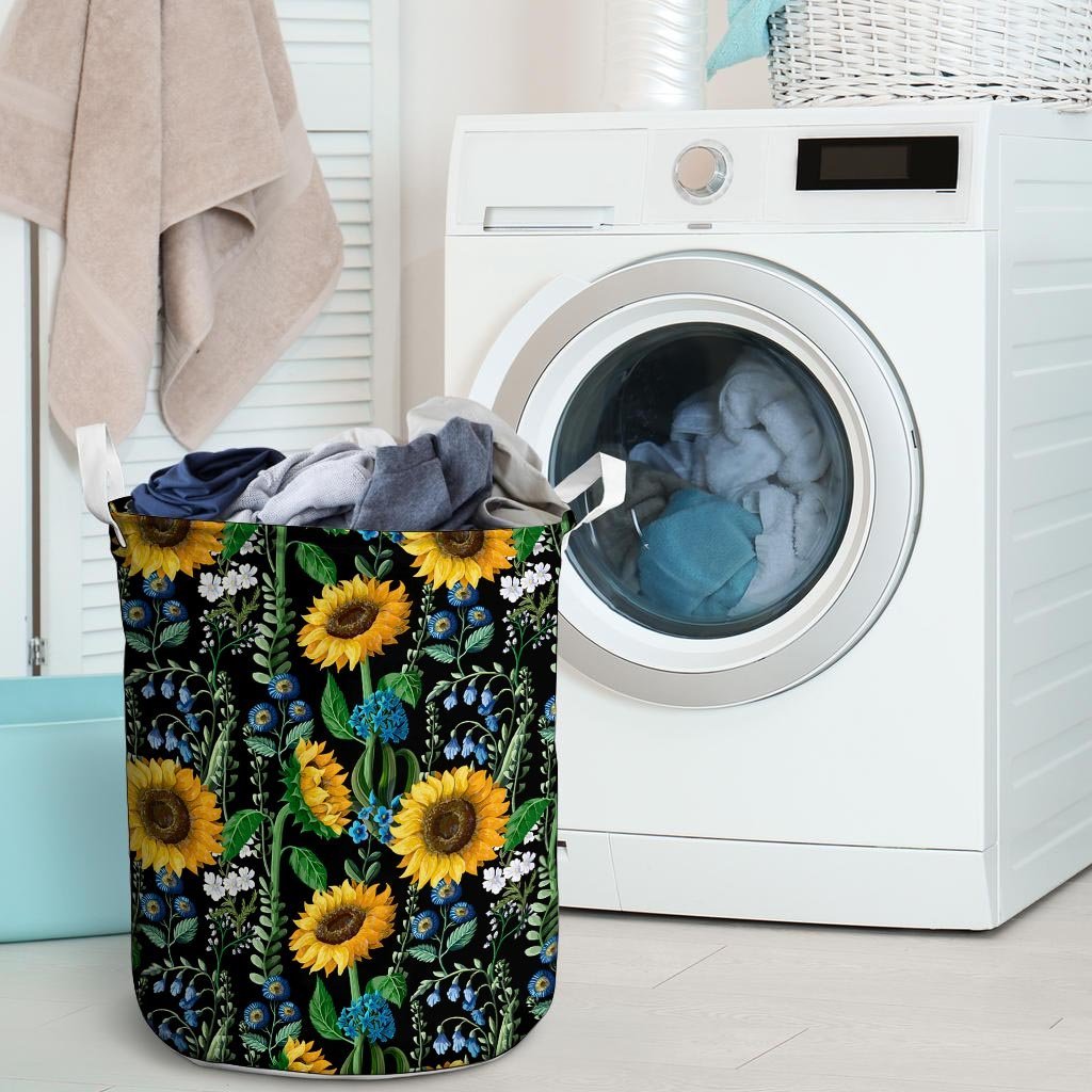 Black Sunflower Floral Laundry Basket-grizzshop