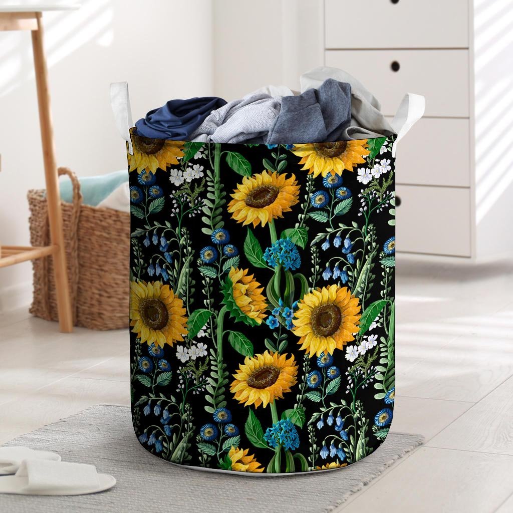 Black Sunflower Floral Laundry Basket-grizzshop