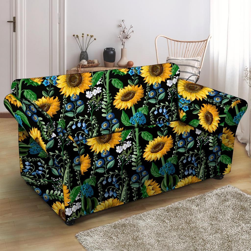 Black Sunflower Floral Loveseat Cover-grizzshop