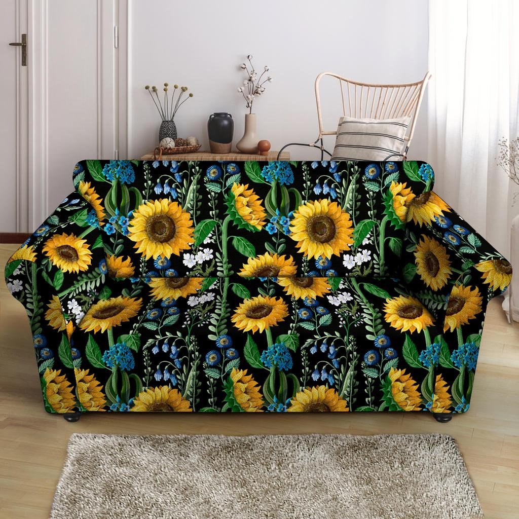 Black Sunflower Floral Loveseat Cover-grizzshop