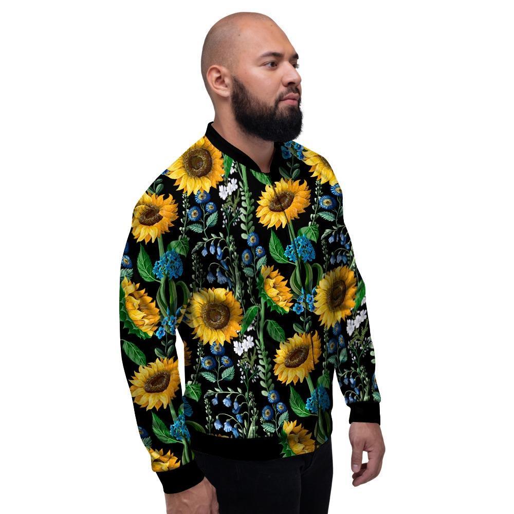 Black Sunflower Floral Men's Bomber Jacket-grizzshop