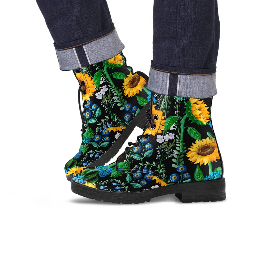 Black Sunflower Floral Men's Boots-grizzshop