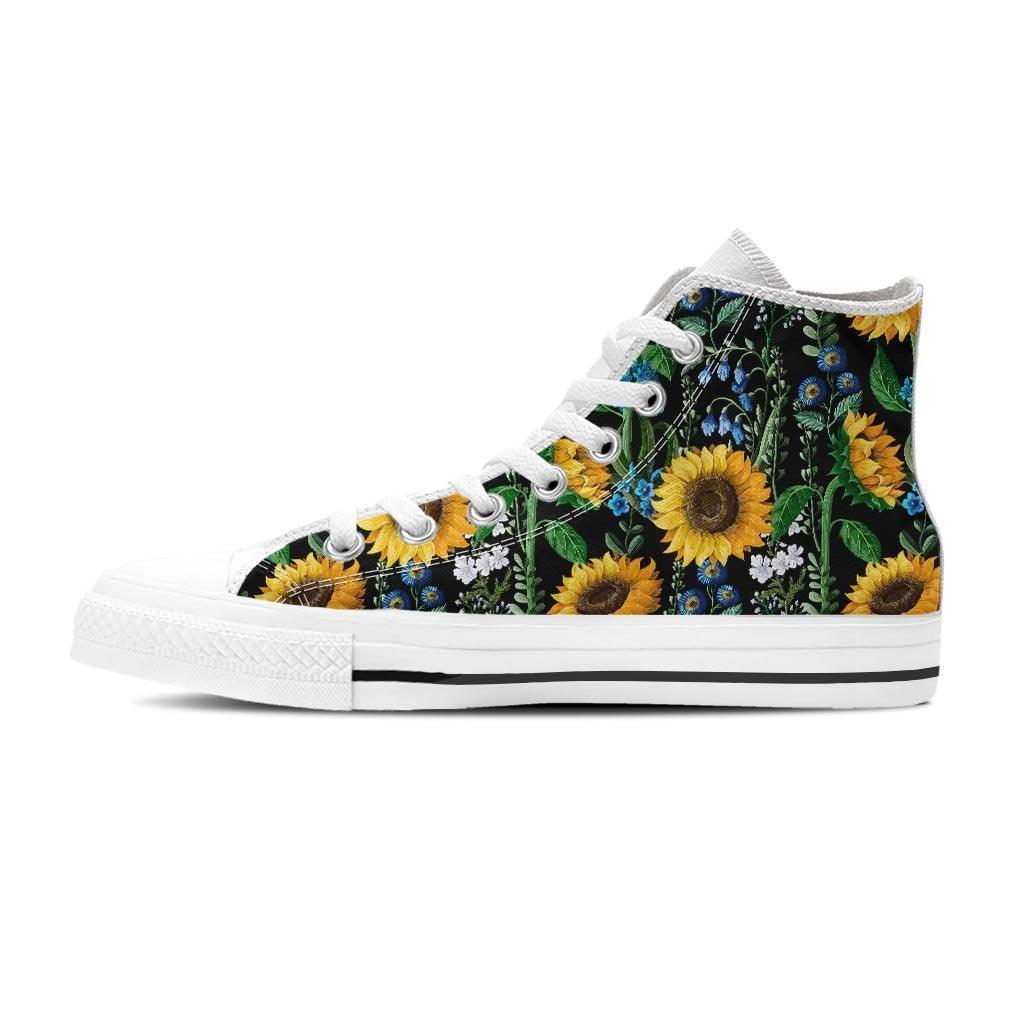 Black Sunflower Floral Men's High Top Shoes-grizzshop