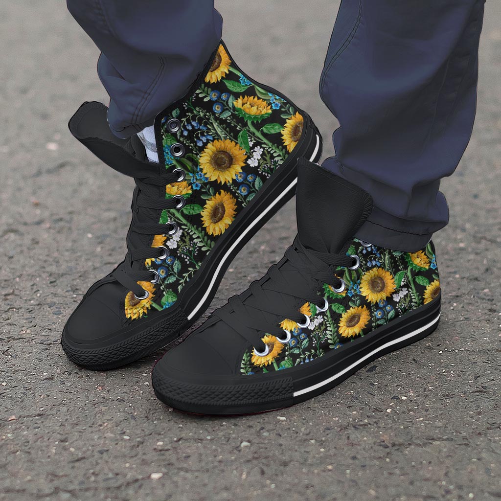 Black Sunflower Floral Men's High Top Shoes-grizzshop