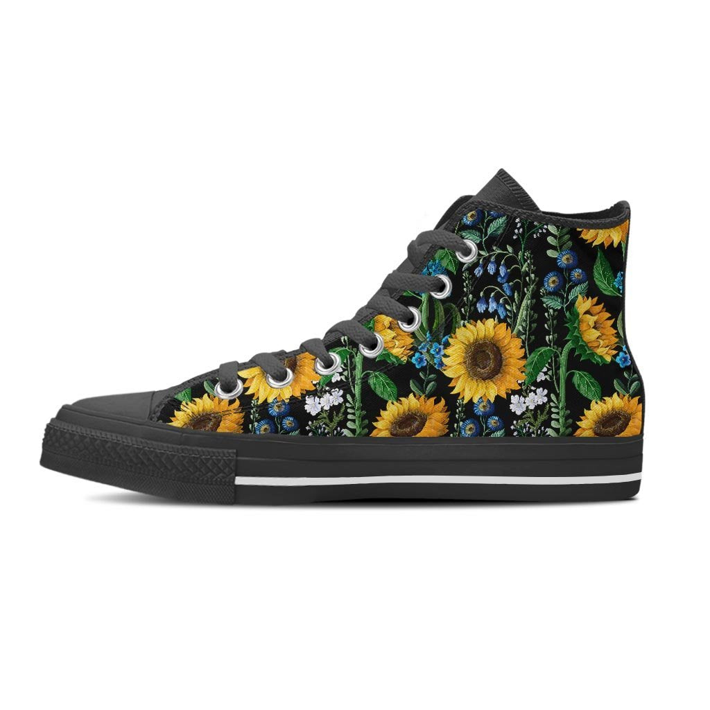 Black Sunflower Floral Men's High Top Shoes-grizzshop