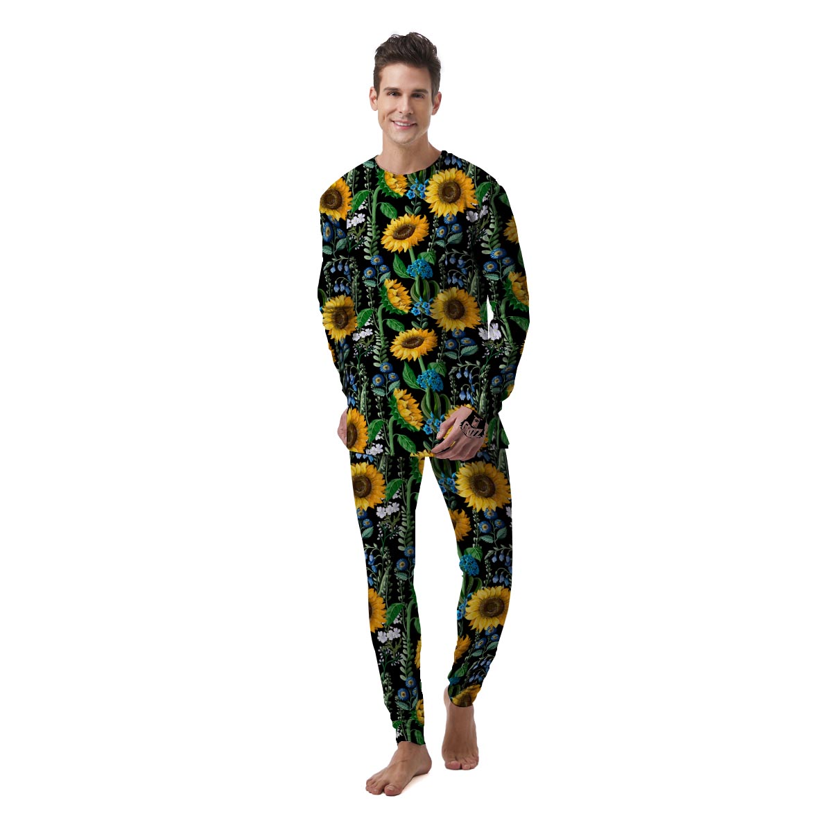 Black Sunflower Floral Men's Pajamas-grizzshop