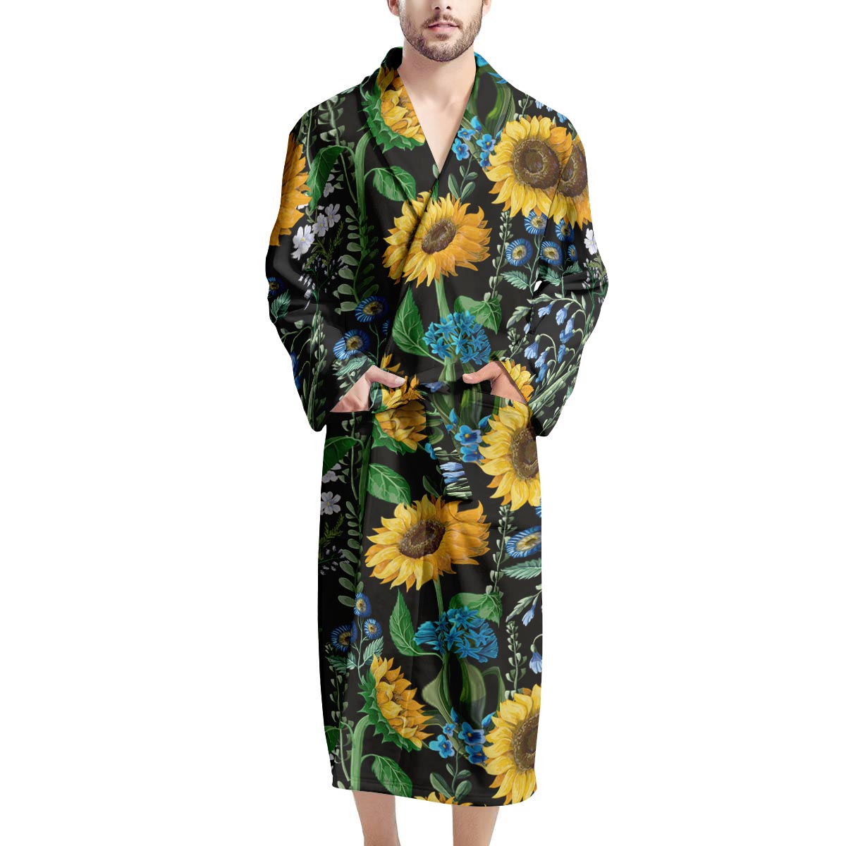 Black Sunflower Floral Men's Robe-grizzshop