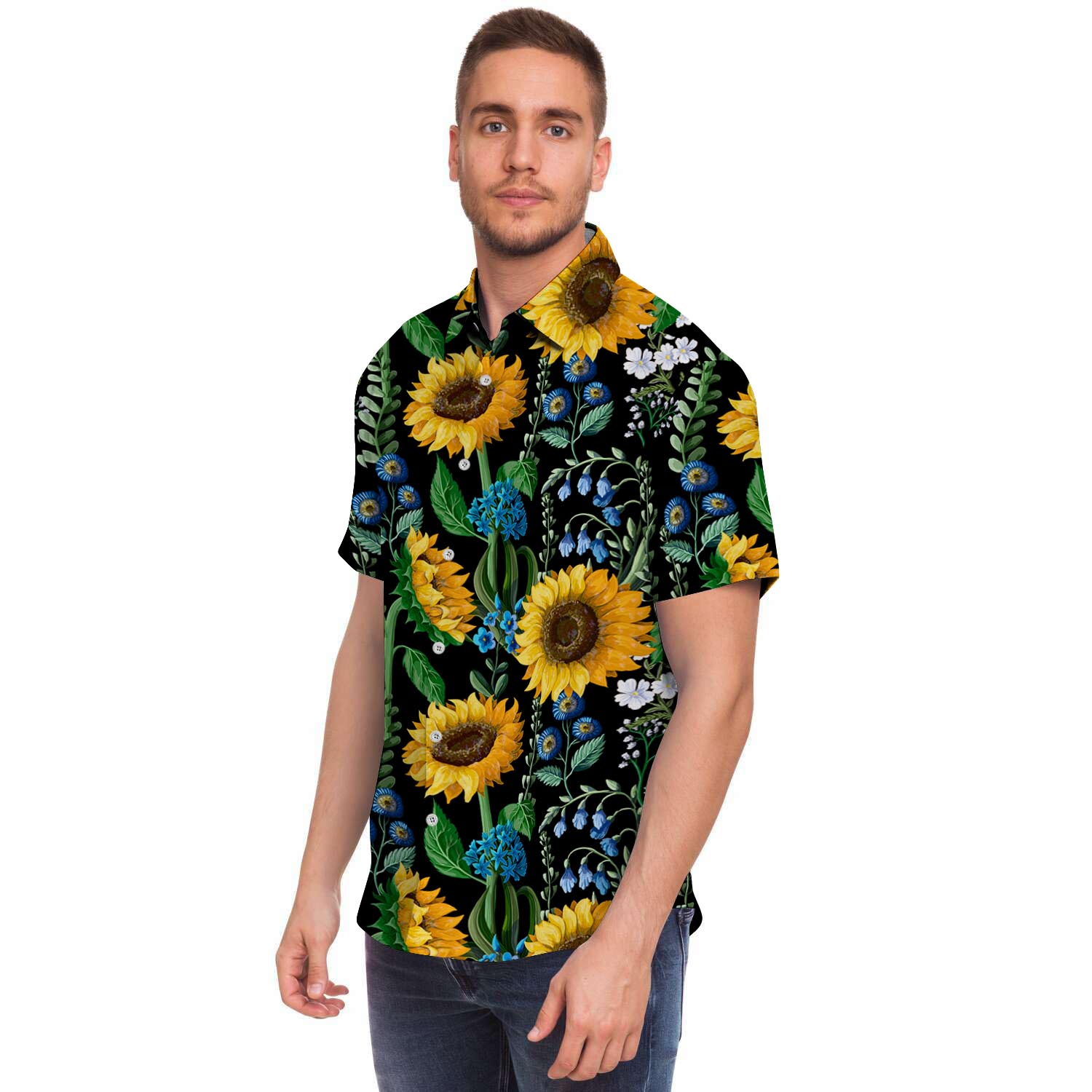 Black Sunflower Floral Men's Short Sleeve Shirt-grizzshop