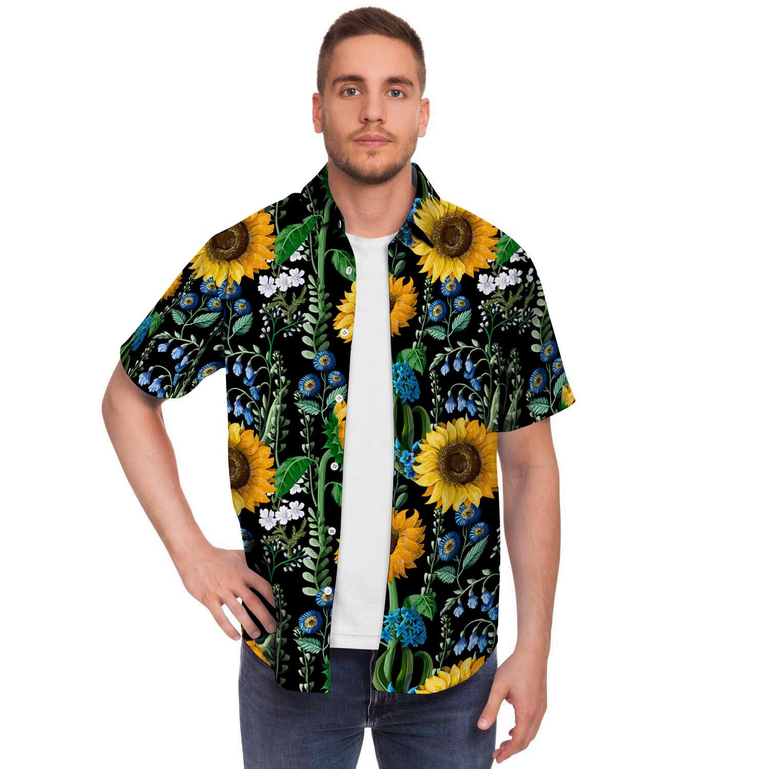 Black Sunflower Floral Men's Short Sleeve Shirt-grizzshop