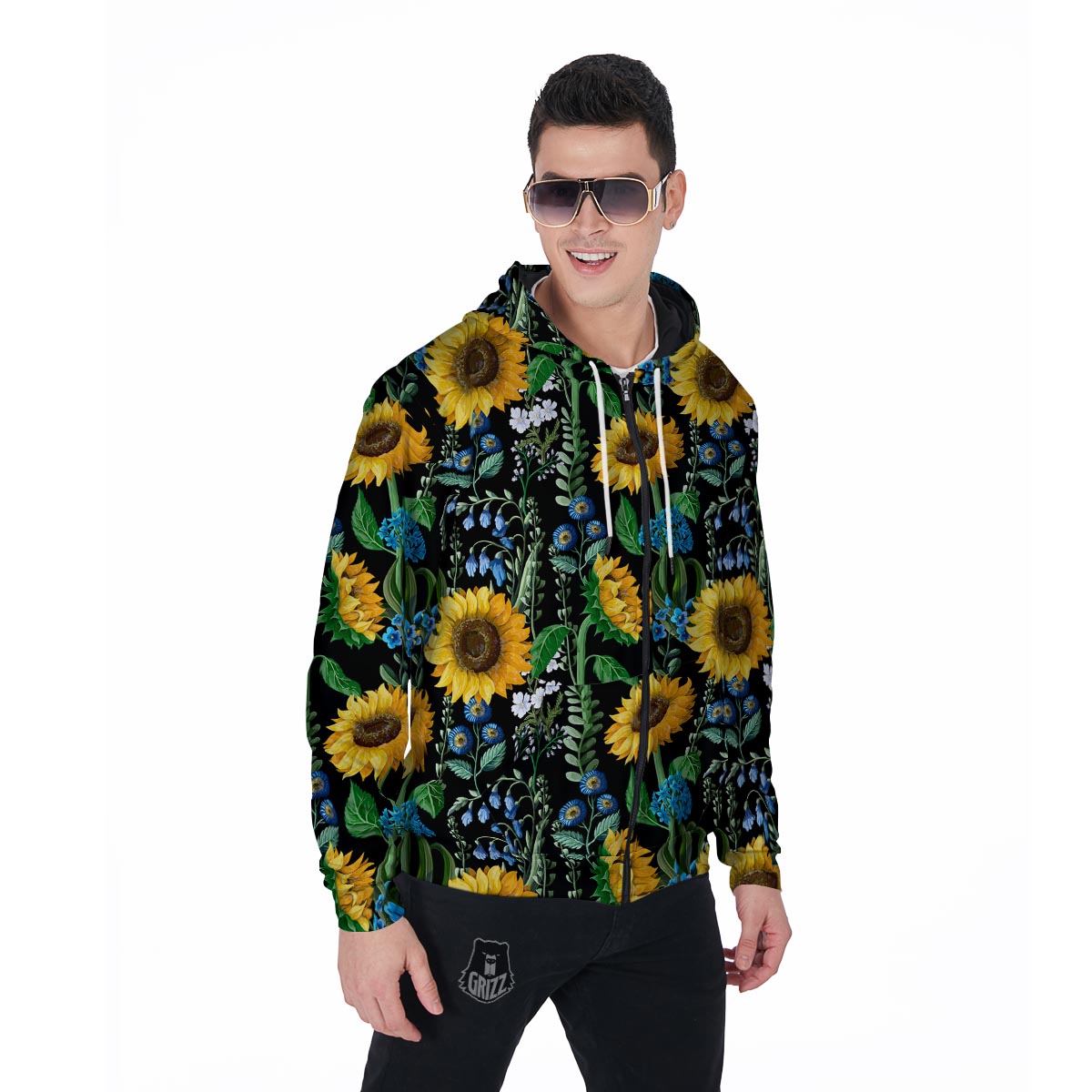 Black Sunflower Floral Men's Zip Up Hoodie-grizzshop