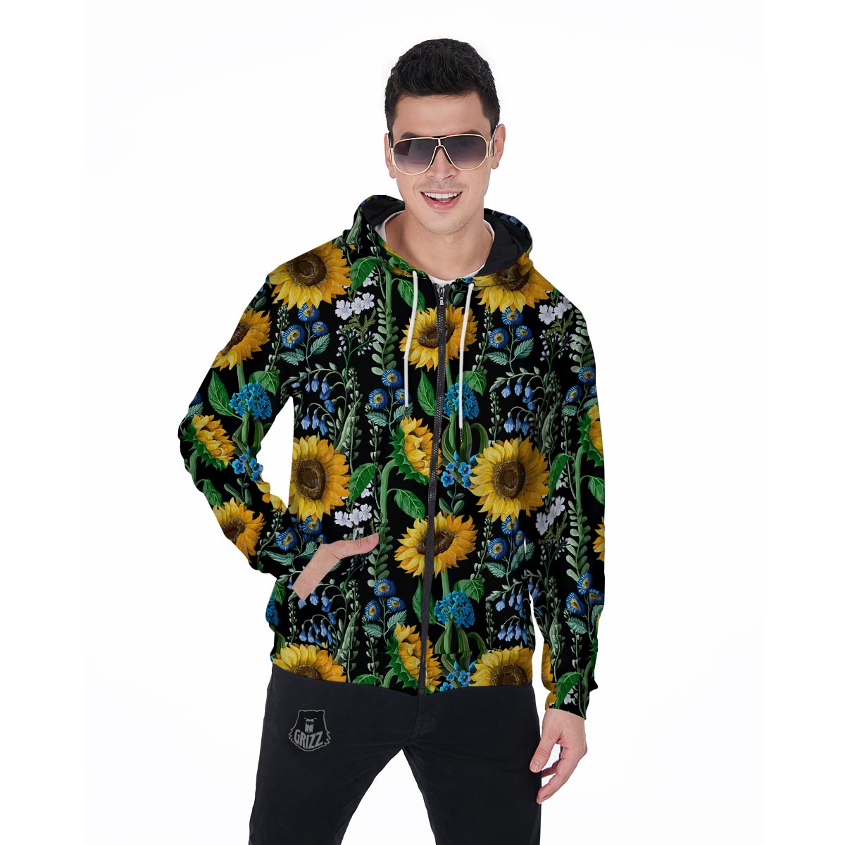 Black Sunflower Floral Men's Zip Up Hoodie-grizzshop