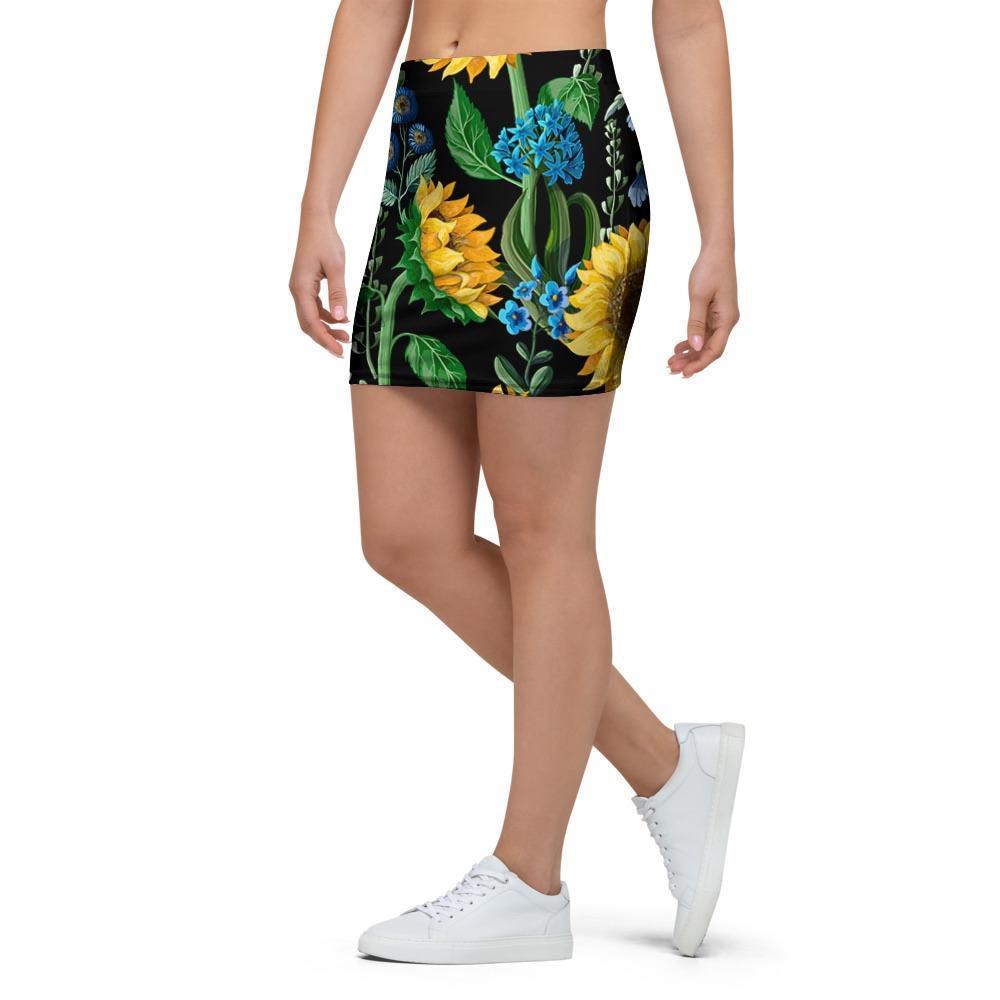 Black Sunflower Floral Mini Skirt-grizzshop