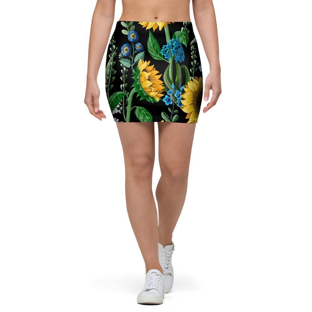 Black Sunflower Floral Mini Skirt-grizzshop