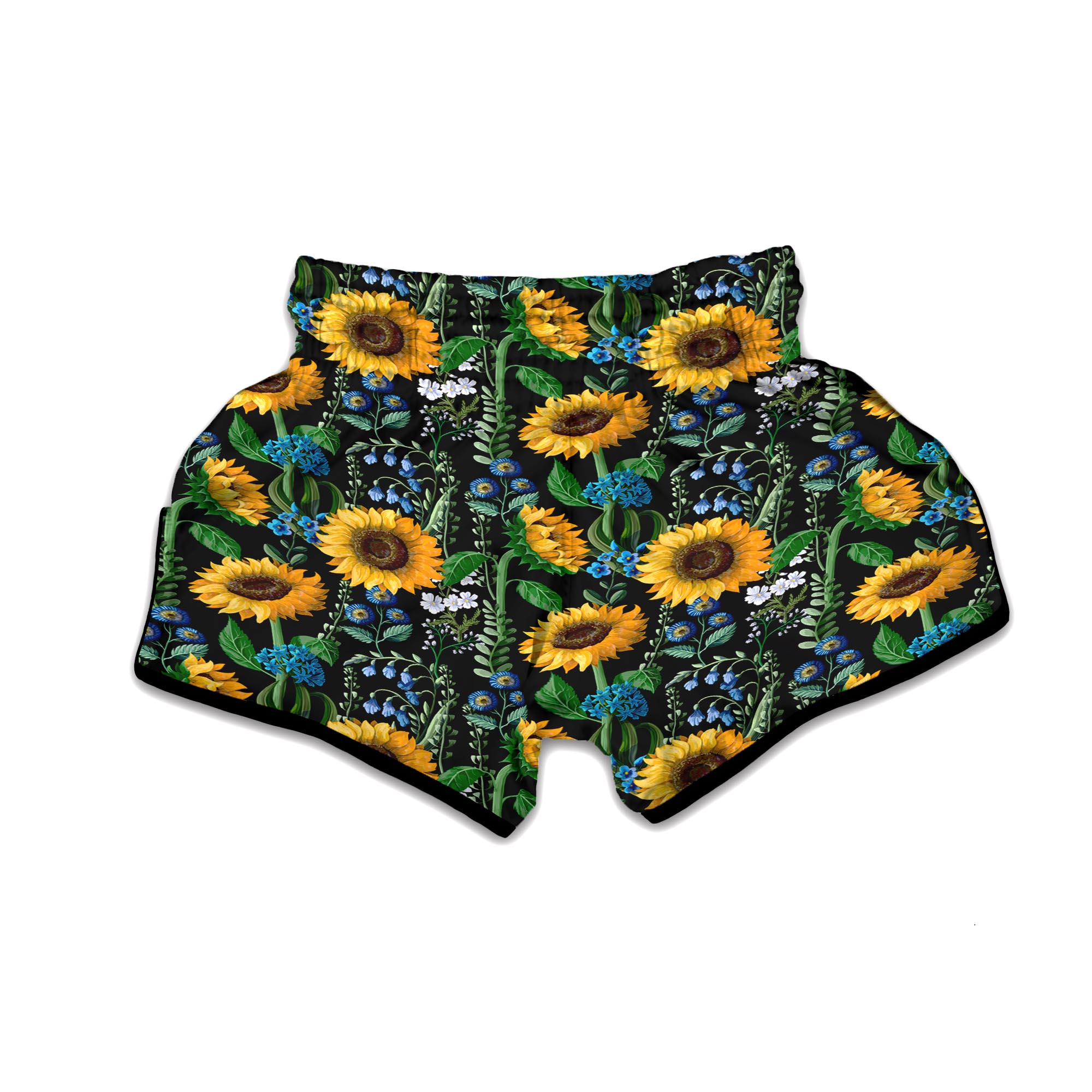 Black Sunflower Floral Muay Thai Boxing Shorts-grizzshop