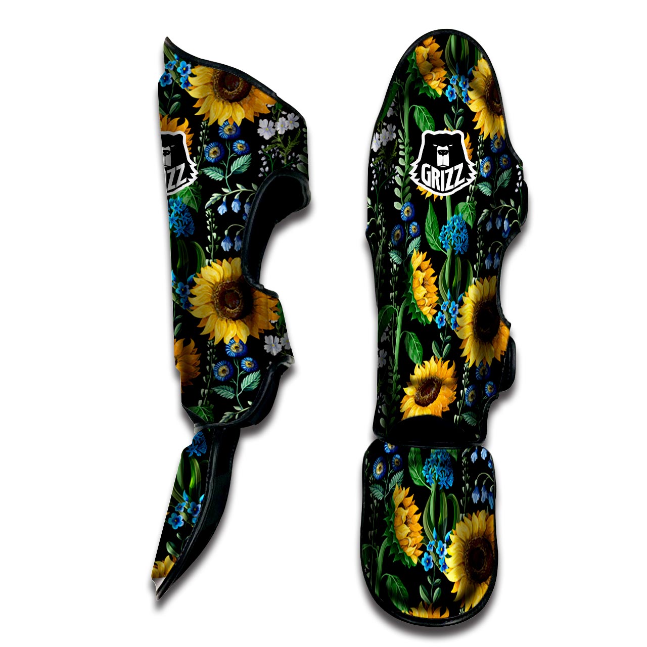 Black Sunflower Floral Muay Thai Shin Guard-grizzshop