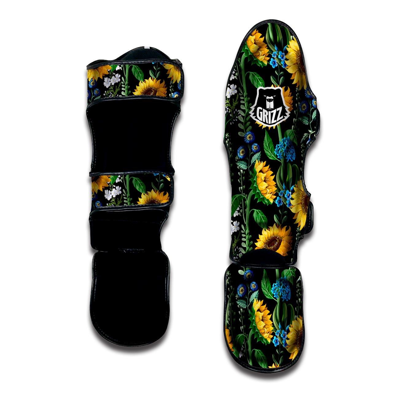 Black Sunflower Floral Muay Thai Shin Guard-grizzshop