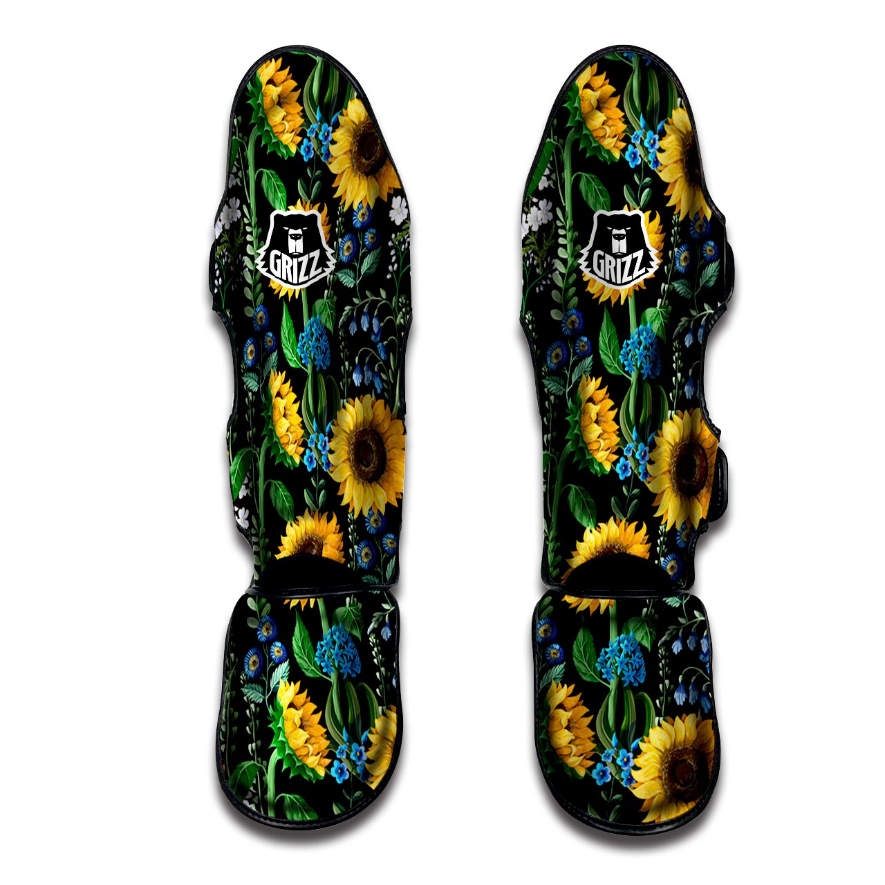 Black Sunflower Floral Muay Thai Shin Guard-grizzshop