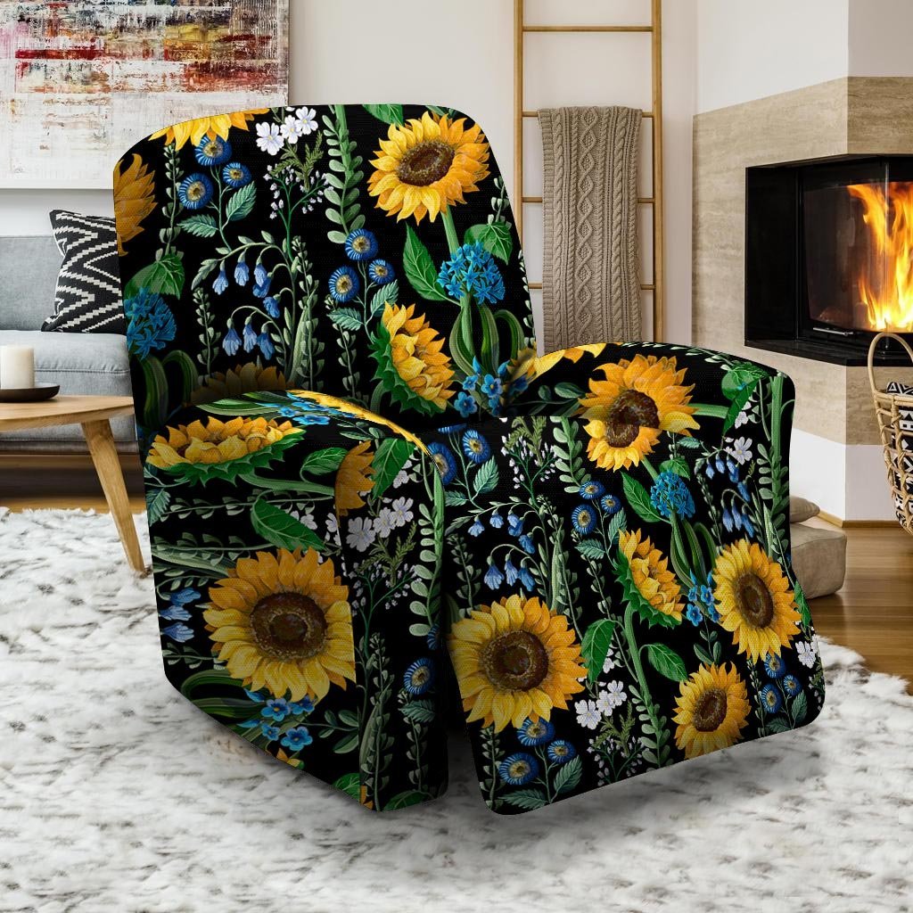 Black Sunflower Floral Recliner Cover-grizzshop