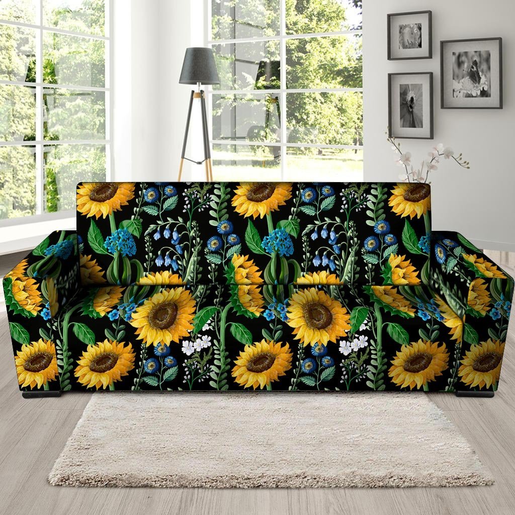 Black Sunflower Floral Sofa Cover-grizzshop