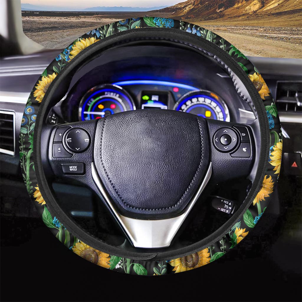 Black Sunflower Floral Steering Wheel Cover-grizzshop