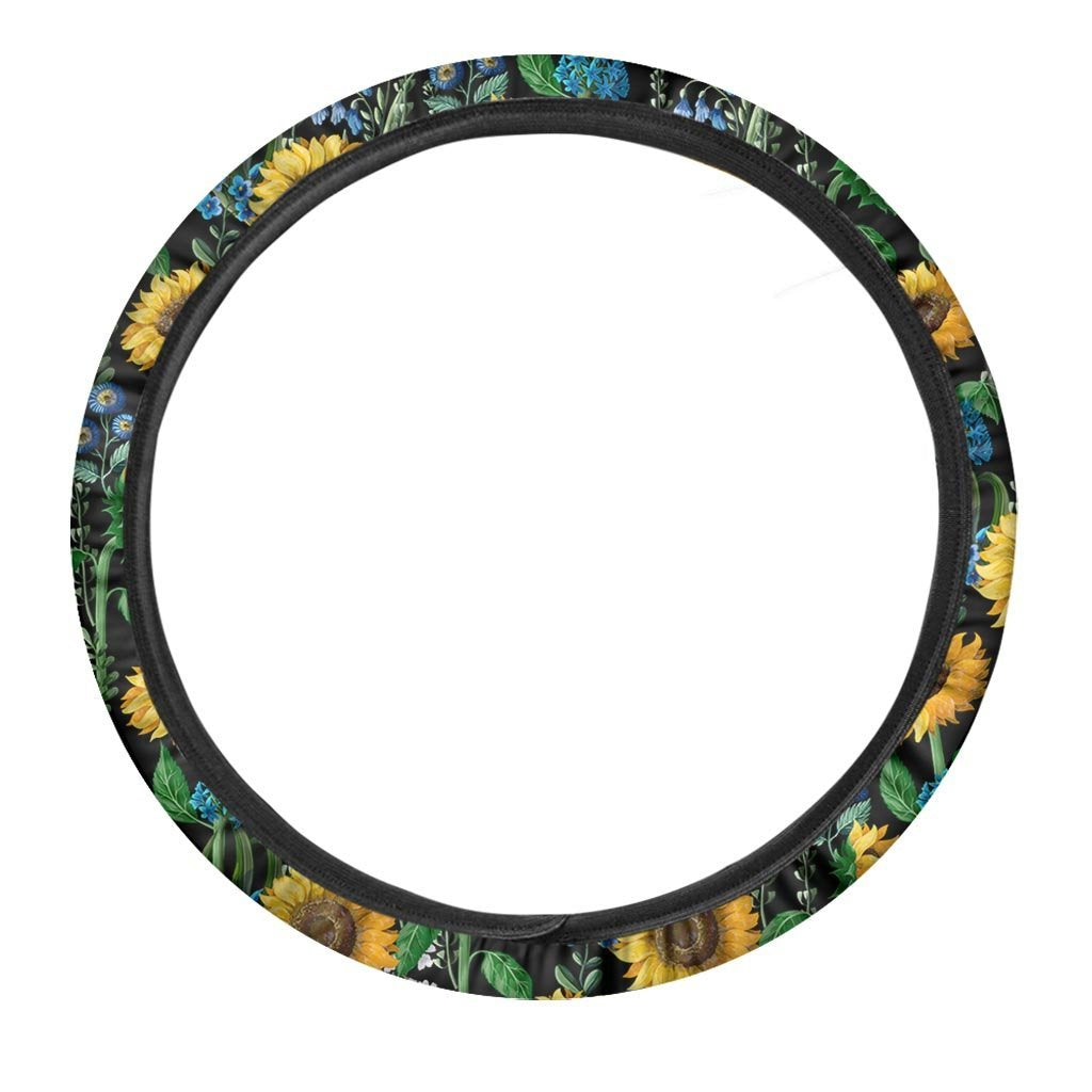 Black Sunflower Floral Steering Wheel Cover-grizzshop