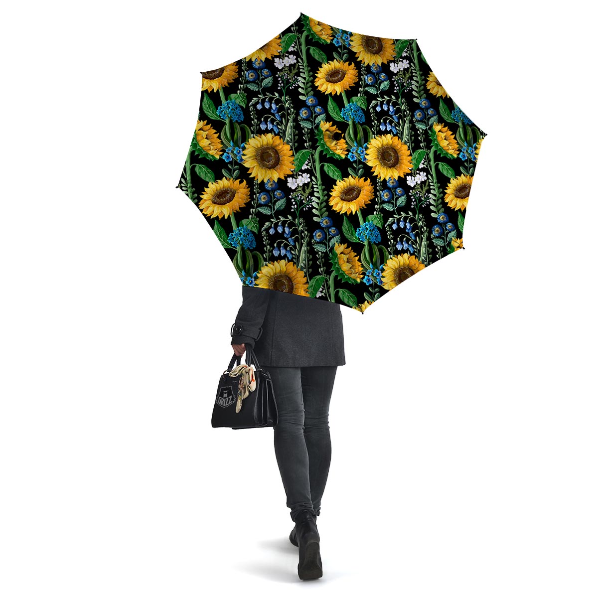 Black Sunflower Floral Umbrella-grizzshop