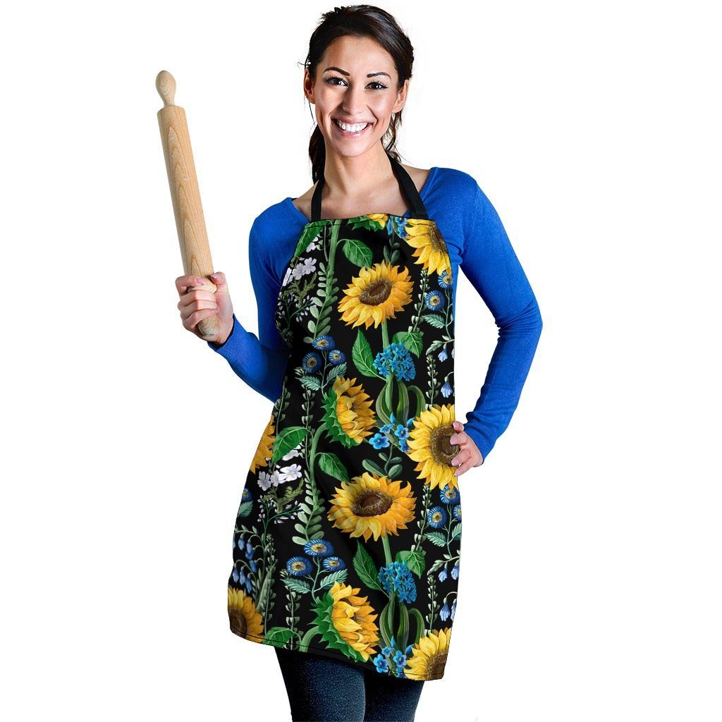 Black Sunflower Floral Women's Apron-grizzshop