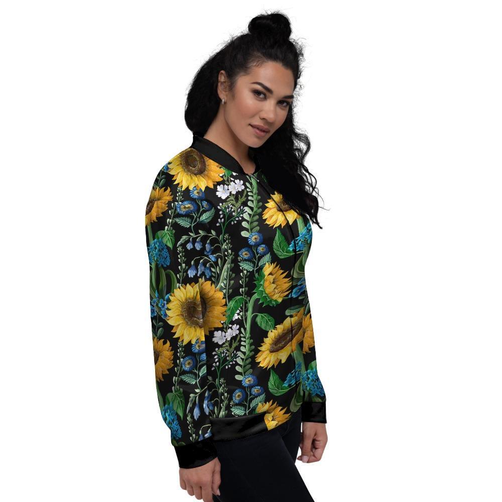 Black Sunflower Floral Women's Bomber Jacket-grizzshop