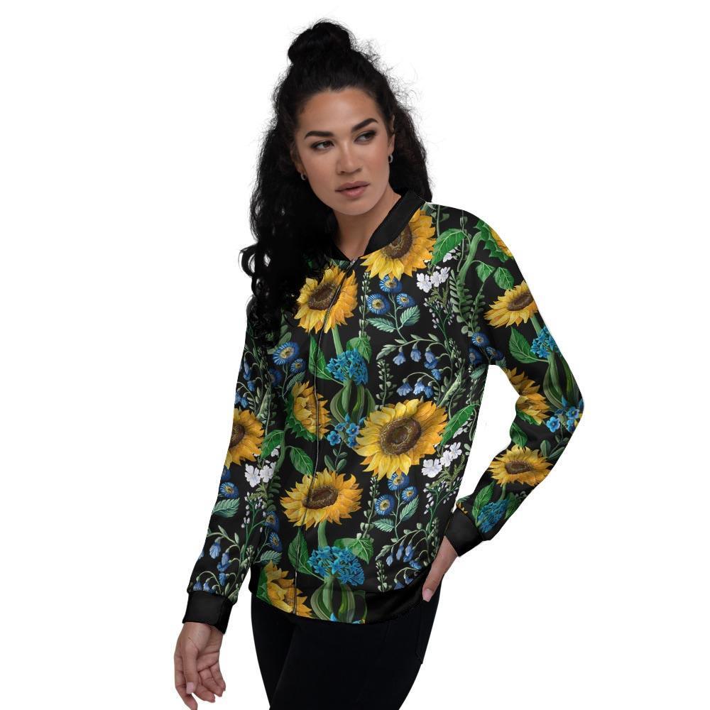 Black Sunflower Floral Women's Bomber Jacket-grizzshop