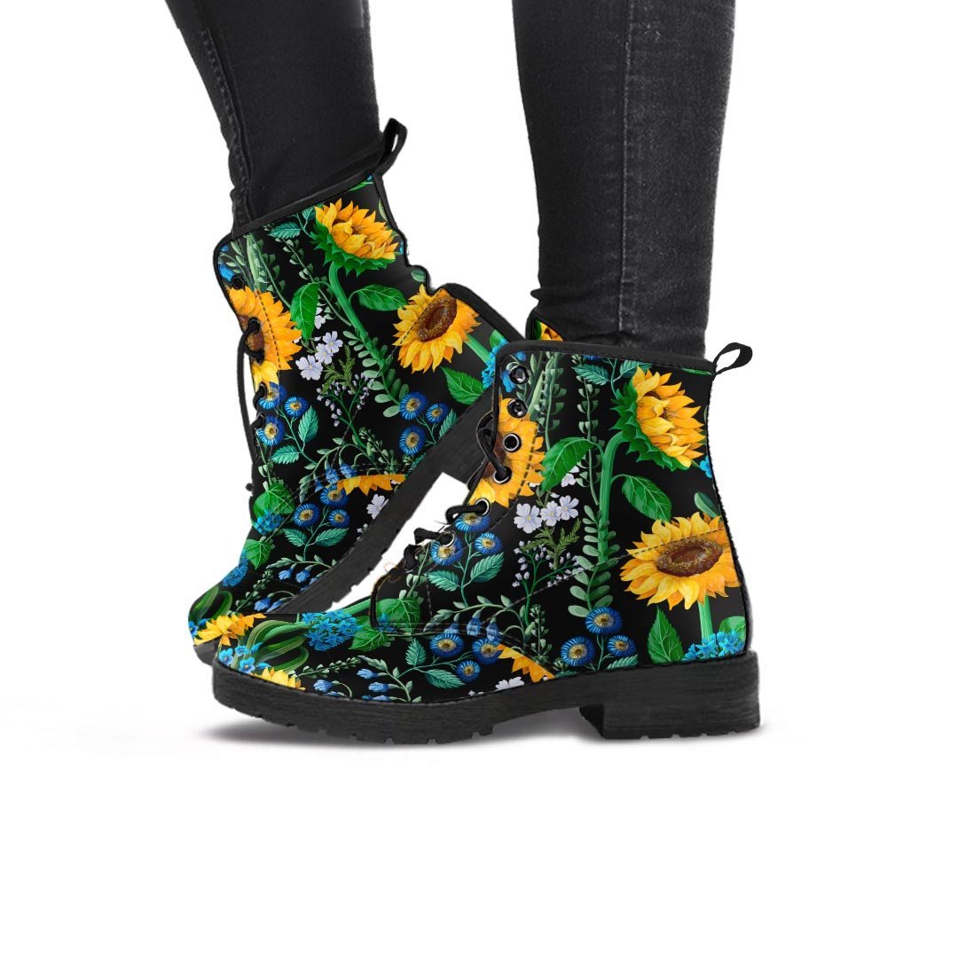 Black Sunflower Floral Women's Boots-grizzshop