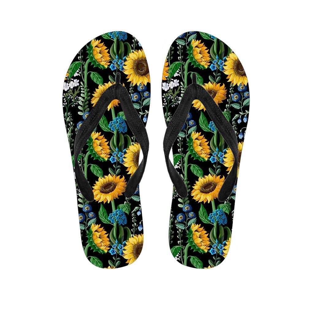 Black Sunflower Floral Women's Flip Flops-grizzshop