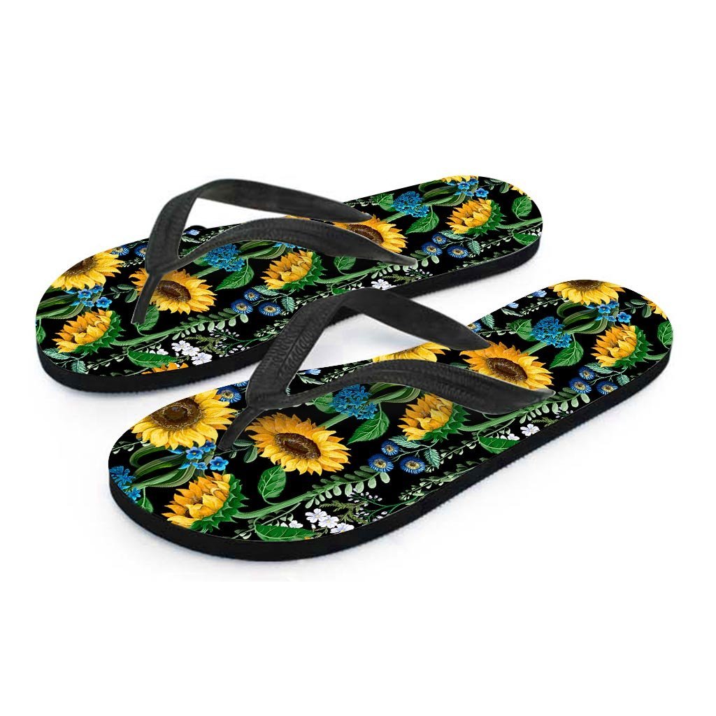 Black Sunflower Floral Women's Flip Flops-grizzshop