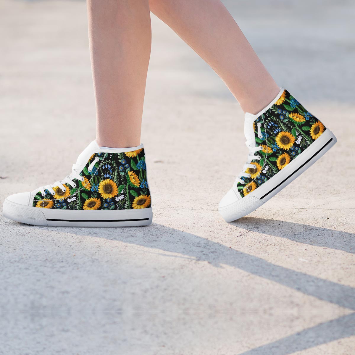 Black Sunflower Floral Women's High Top Shoes-grizzshop