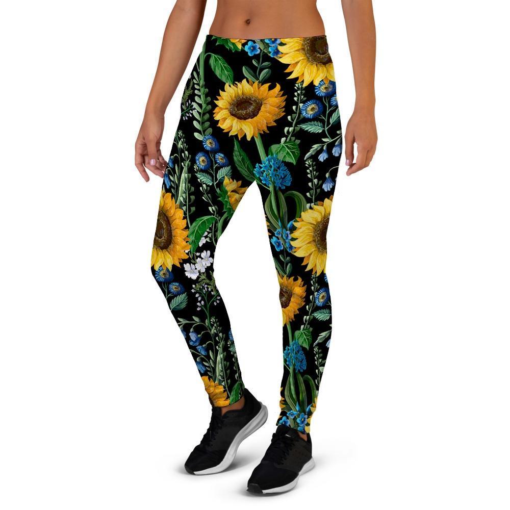 Black Sunflower Floral Women's Joggers-grizzshop