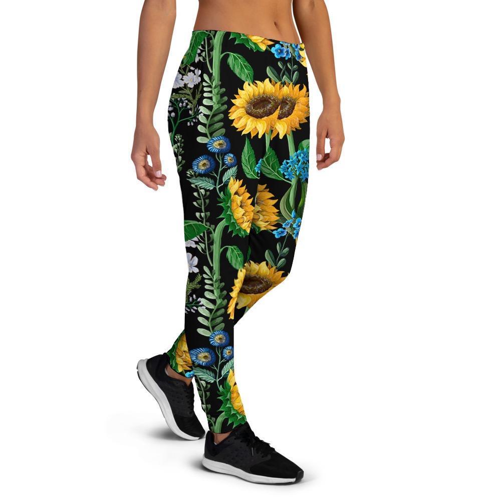 Black Sunflower Floral Women's Joggers-grizzshop