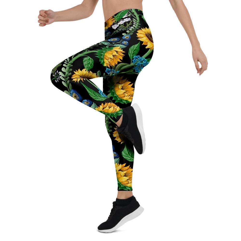 Black Sunflower Floral Women's Leggings-grizzshop