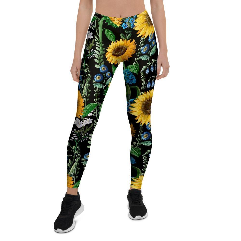 Black Sunflower Floral Women's Leggings-grizzshop