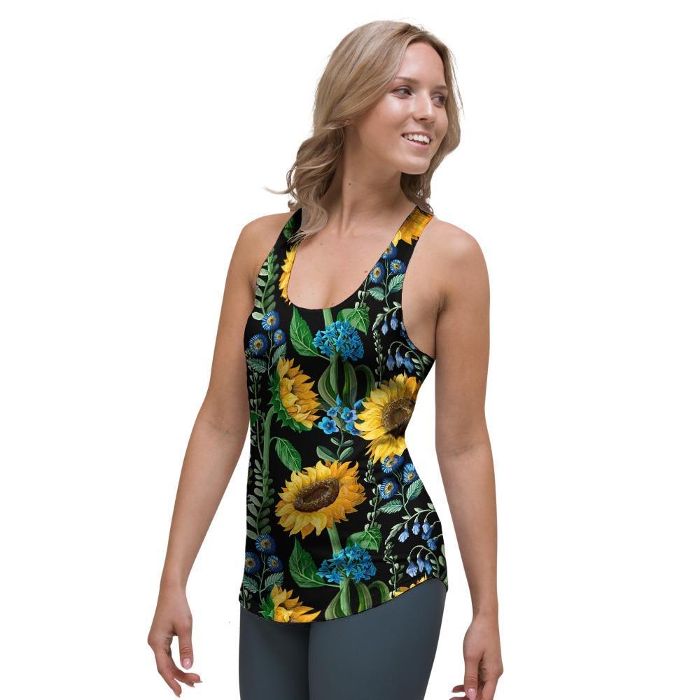 Black Sunflower Floral Women's Racerback Tank Top-grizzshop