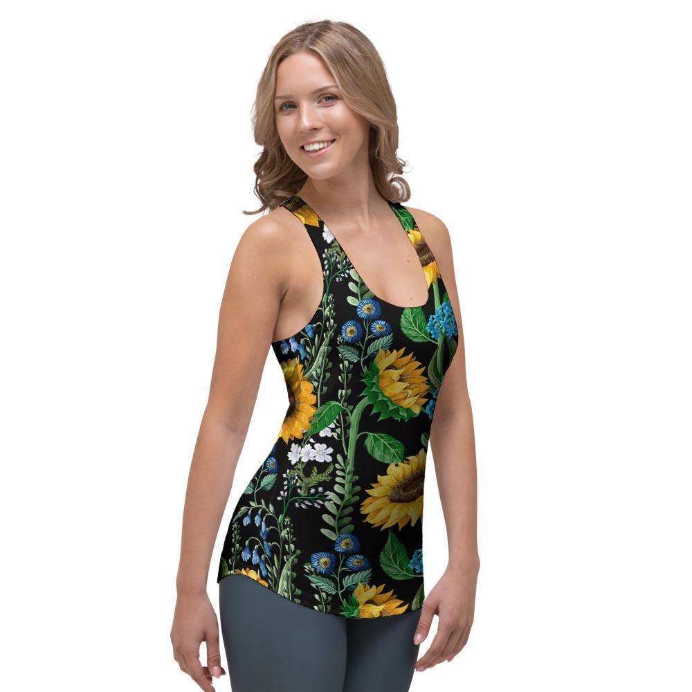 Black Sunflower Floral Women's Racerback Tank Top-grizzshop
