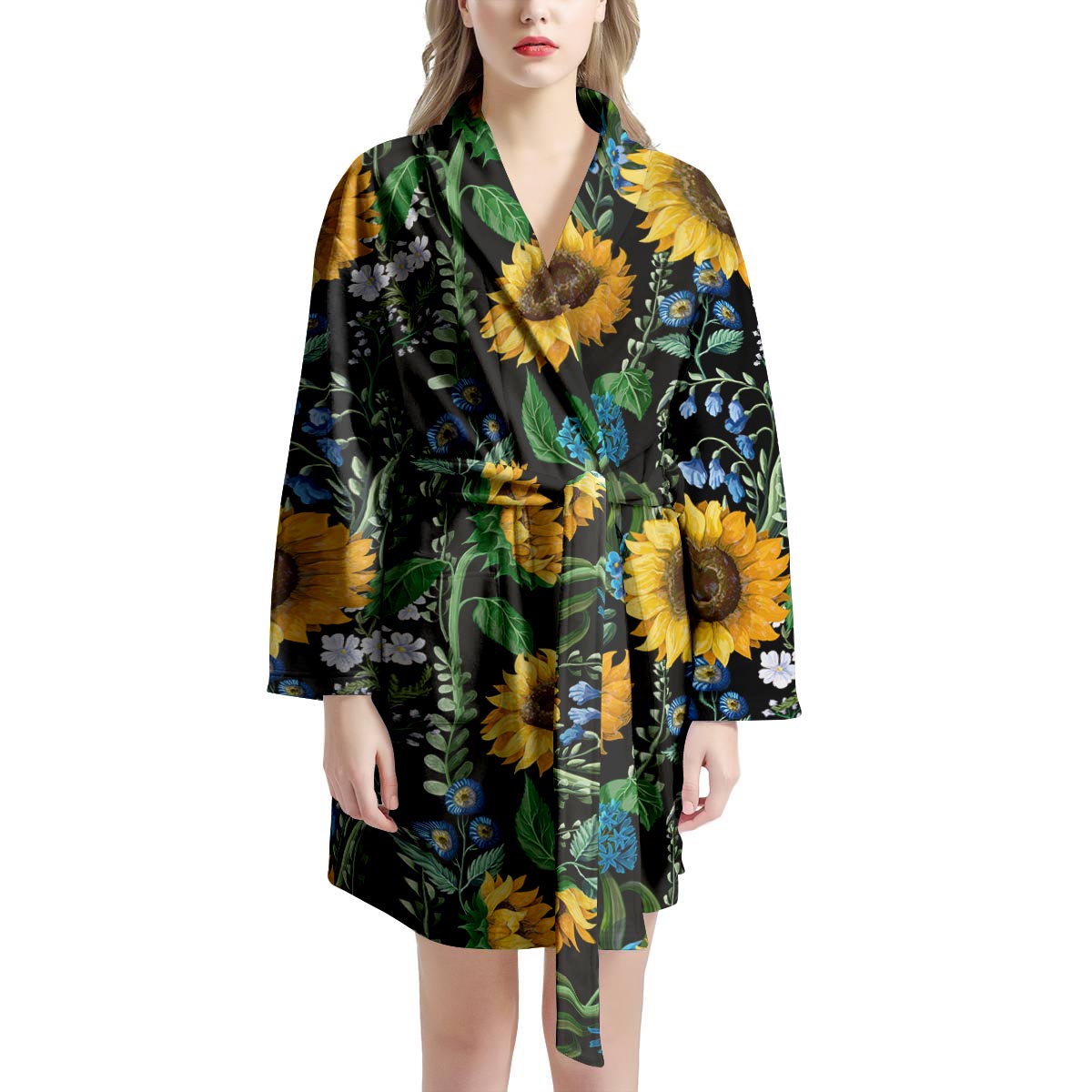 Black Sunflower Floral Women's Robe-grizzshop